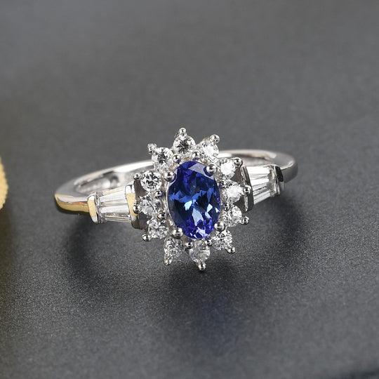 AA Tansanit und Zirkon Ring 925 Silber platiniert (Größe 19.00) 1.02 ct