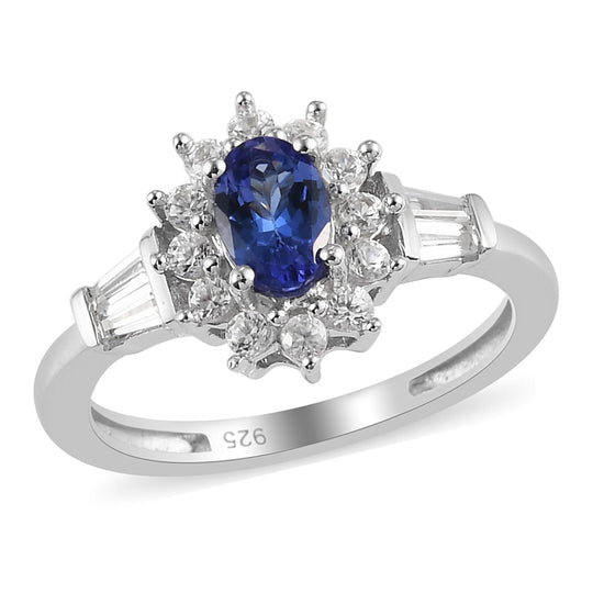 AA Tansanit und Zirkon Ring 925 Silber platiniert (Größe 19.00) 1.02 ct
