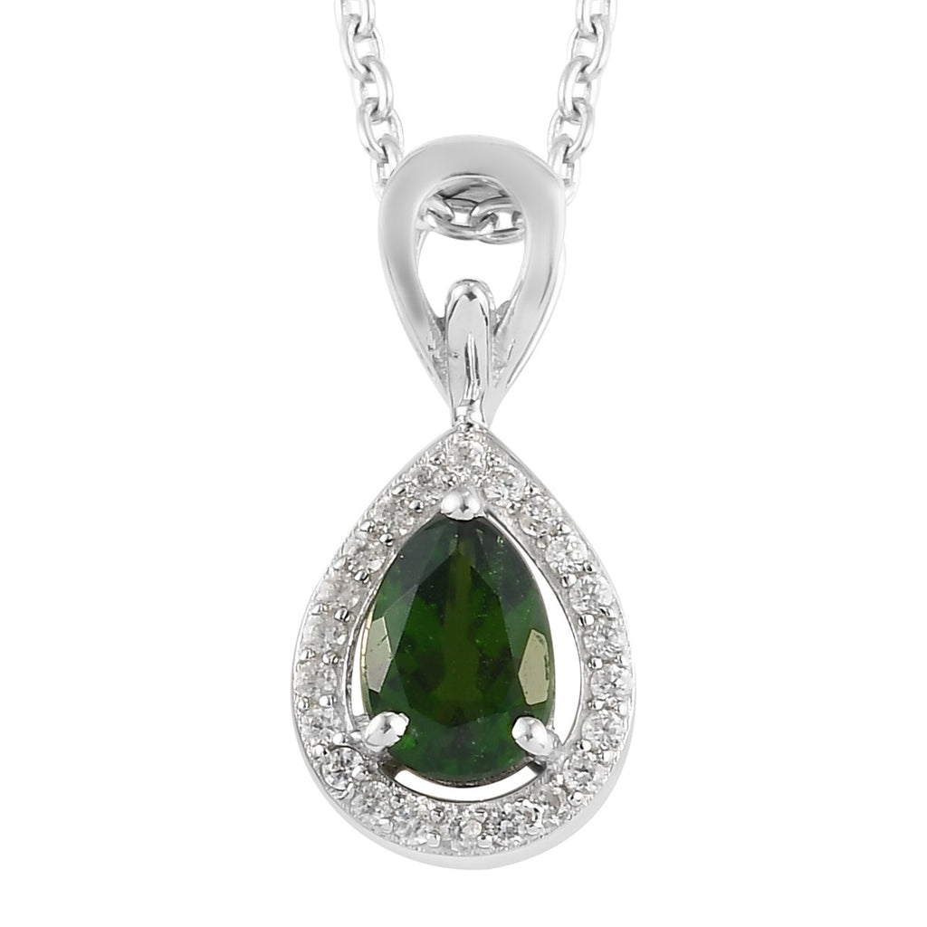 Natürlicher Chromdiopsid und Zirkon Anhänger mit Kette ca. 45 cm 925 Silber platiniert 0.81 ct