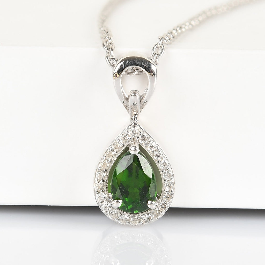 Natürlicher Chromdiopsid und Zirkon Anhänger mit Kette ca. 45 cm 925 Silber platiniert 0.81 ct