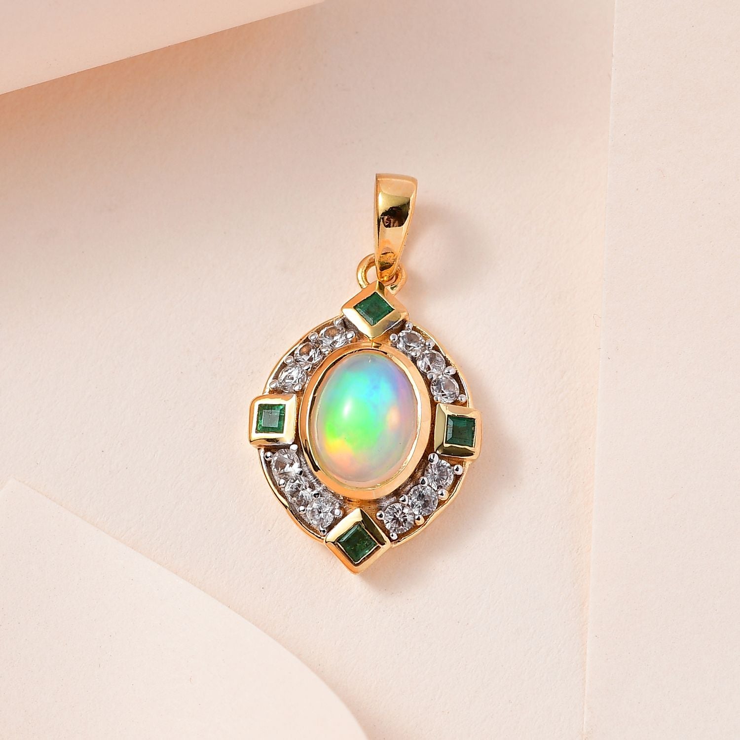 Natürlicher, äthiopischer Opal, Smaragd und Zirkon-Anhänger, 925 Silber Vermeil ca. 1.60 ct