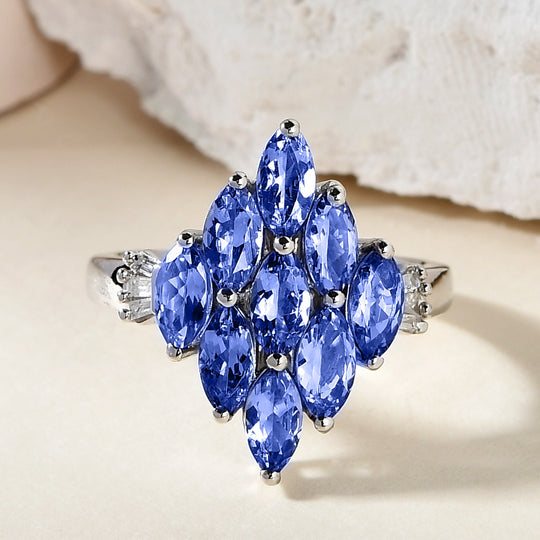 AA Tansanit und Diamant Cluster Ring 925 Silber platiniert (Größe 21.00) ca. 2,10 ct