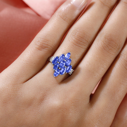 AA Tansanit und Diamant Cluster Ring 925 Silber platiniert (Größe 21.00) ca. 2,10 ct