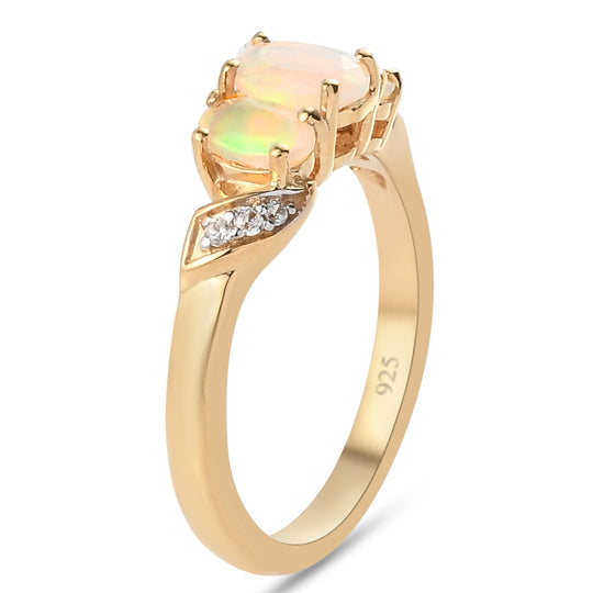 Natürlicher Äthiopischer Opal Opal und Zirkon 3 Stein Ring 925 Silber vergoldet (Größe 16.00) ca. 0,64 ct