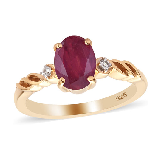 Afrikanischer Rubin und Zirkon Solitär-Ring, (Fissure gefüllt), 925 Silber vergoldet (Größe 20.00) ca. 1,31 ct