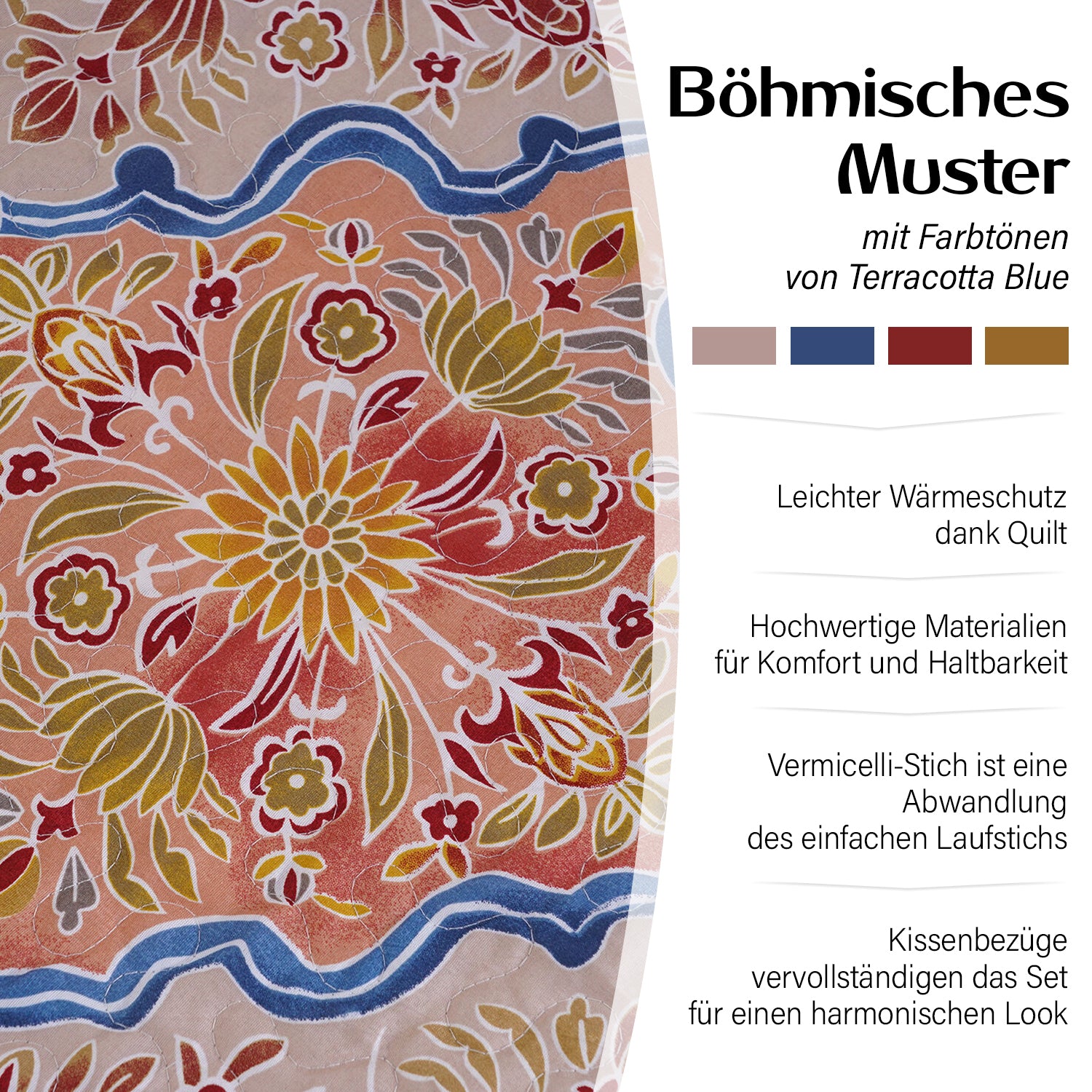 Serenity Night: 3er-Set, Bedruckter, reversibeler Quilt 240x260 cm mit 2 Saumkissenbezügen 50x70 cm, Santa Fe, Orange, blau