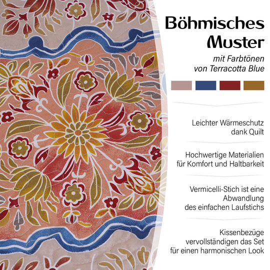 Serenity Night: 3er-Set, Bedruckter, reversibeler Quilt 240x260 cm mit 2 Saumkissenbezügen 50x70 cm, Santa Fe, Orange, blau