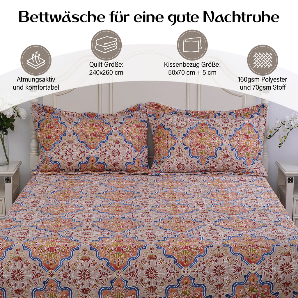 Serenity Night: 3er-Set, Bedruckter, reversibeler Quilt 240x260 cm mit 2 Saumkissenbezügen 50x70 cm, Santa Fe, Orange, blau