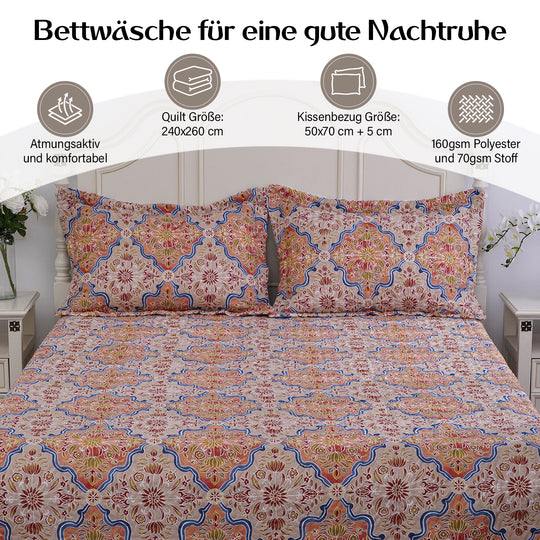 Serenity Night: 3er-Set, Bedruckter, reversibeler Quilt 240x260 cm mit 2 Saumkissenbezügen 50x70 cm, Santa Fe, Orange, blau