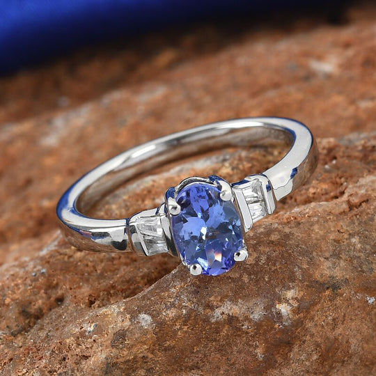 Tansanit und Zirkon Ring 925 Silber platiniert (Größe 17.00) ca. 1,30 ct