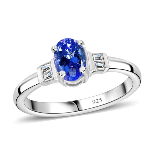 Tansanit und Zirkon Ring 925 Silber platiniert (Größe 17.00) ca. 1,30 ct