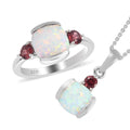 Natürlicher australischer Opal und roter Granat Ring und Anhänger mit Kette ca. 48 cm. 925 Silber platiniert 1,97 ct