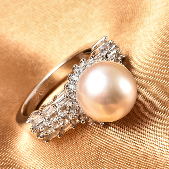 Goldene Südsee Perle (10-11 mm) und Zirkon Ring 925 Silber rhodiniert
