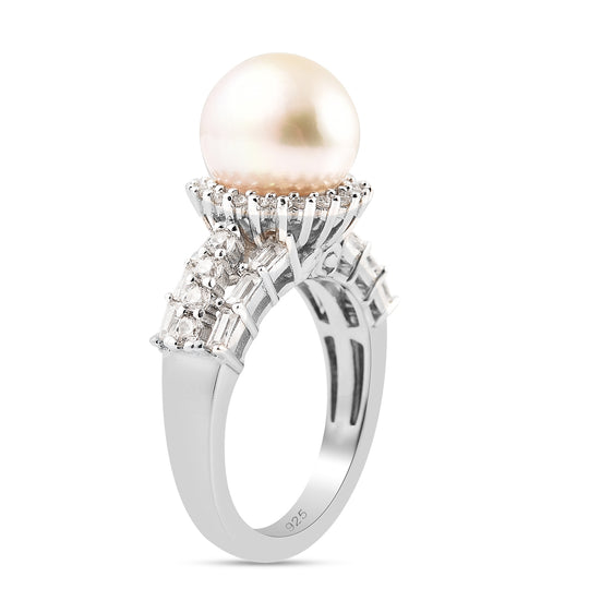 Goldene Südsee Perle (10-11 mm) und Zirkon Ring 925 Silber rhodiniert
