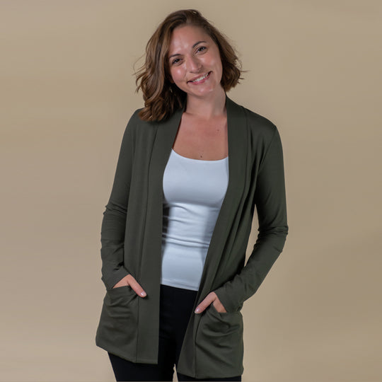 TAMSY - Jersey Cardigan mit offener Vorderseite für Damen, Größe 38, Khaki