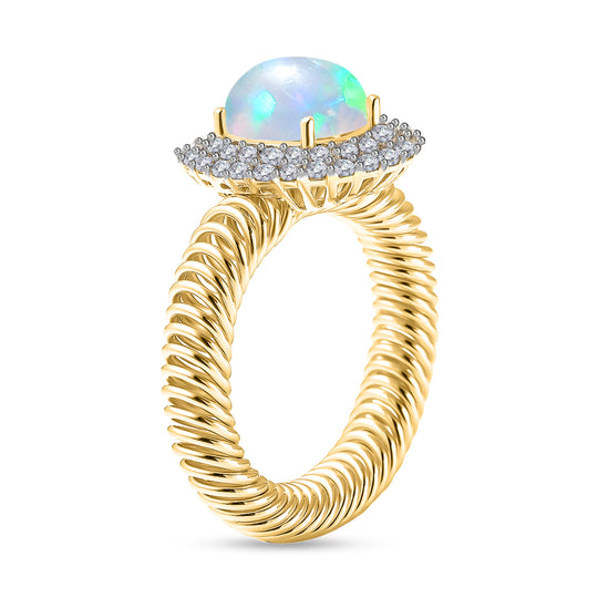 Natürlicher, äthiopischer Opal und Zirkon Halo-Ring, 925 Silber Gelbgold Vermeil ca. 2,73 ct