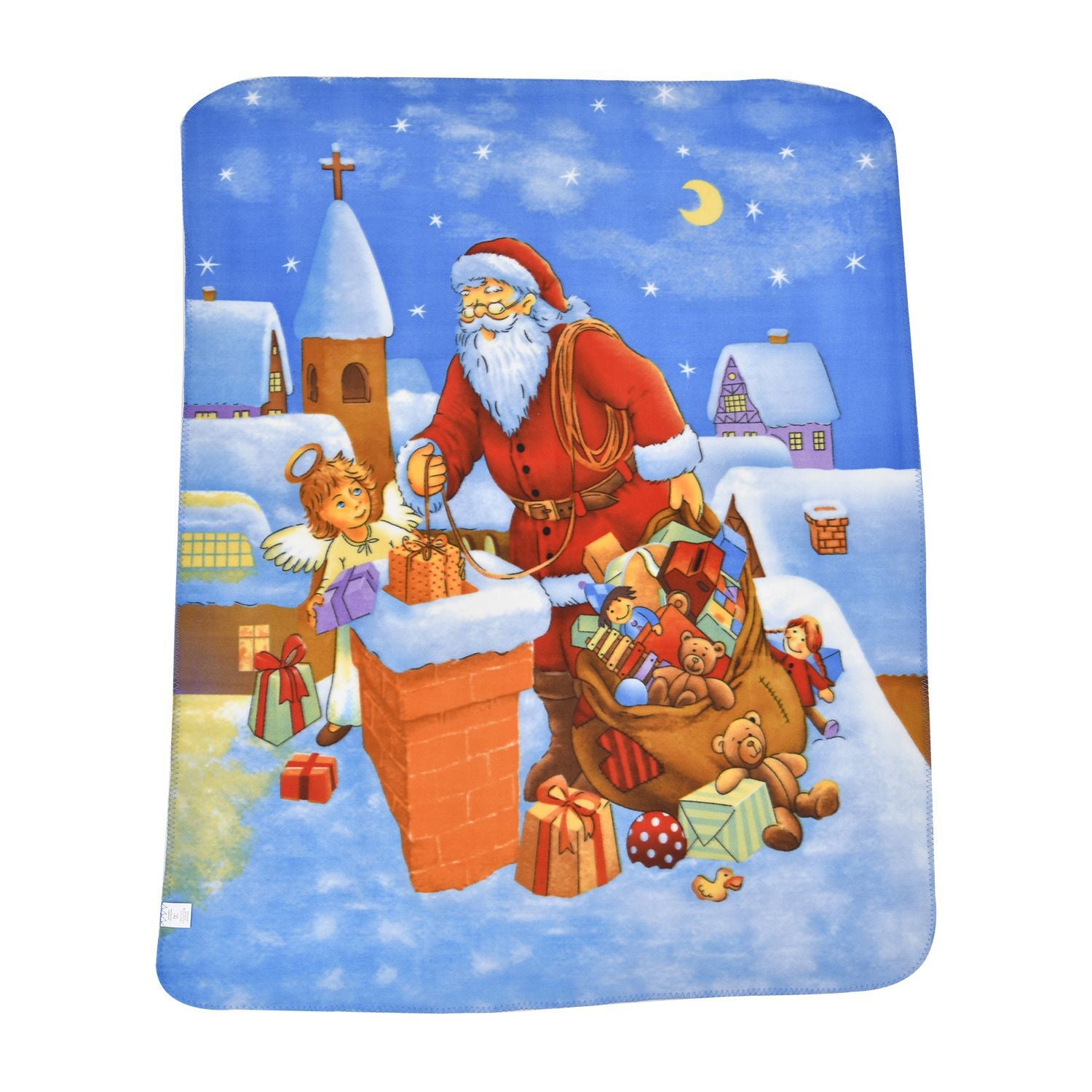 Superweiche Fleecedecke mit Weihnachtsmann Muster, Größe 130x170 cm, Blau und Mehrfarbig, Kamin