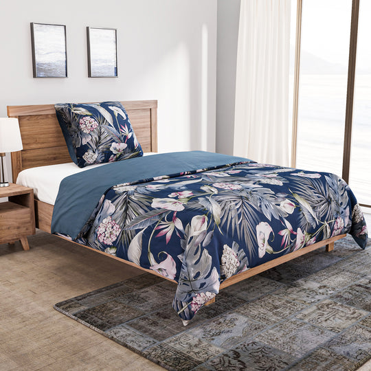 2er-Set, 3D Digitaldruck Bettbezug und Kissenbezug, Größe 135x200 cm und 80x80 cm, Blatt- und Blumenmuster, Grau