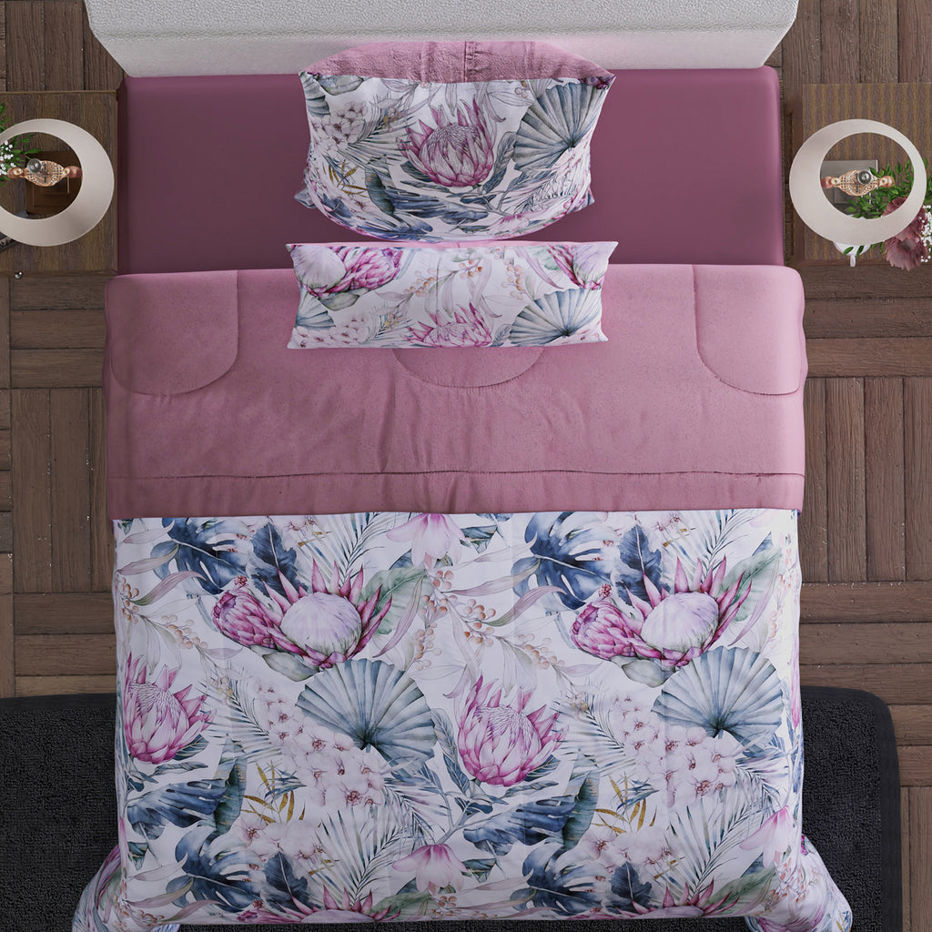 3er Set- Steppdecke und 2 Kissenbezüge mit Floralem Muster, rosa