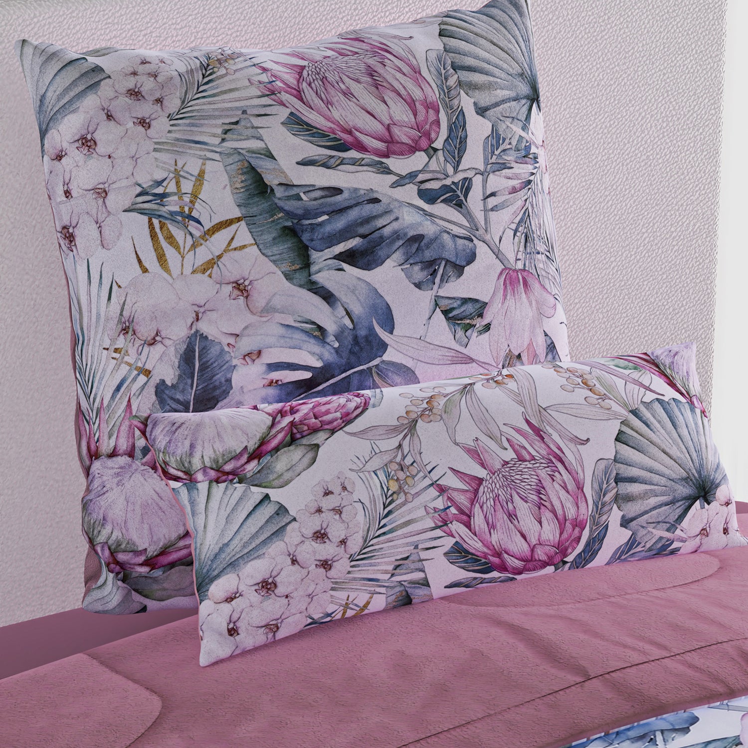 3er Set- Steppdecke und 2 Kissenbezüge mit Floralem Muster, rosa