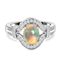 Natürlicher, äthiopischer Opal und weißer Zirkon-Ring, 925 Silber rhodiniert (Größe 16.00) ca. 1.69 ct