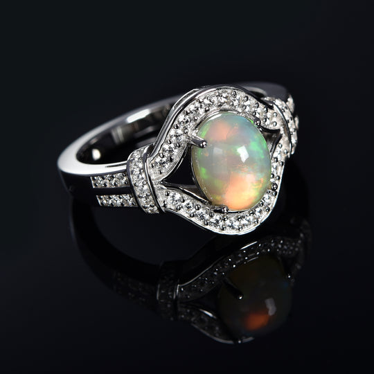 Natürlicher, äthiopischer Opal und weißer Zirkon-Ring, 925 Silber rhodiniert ca. 1.69 ct