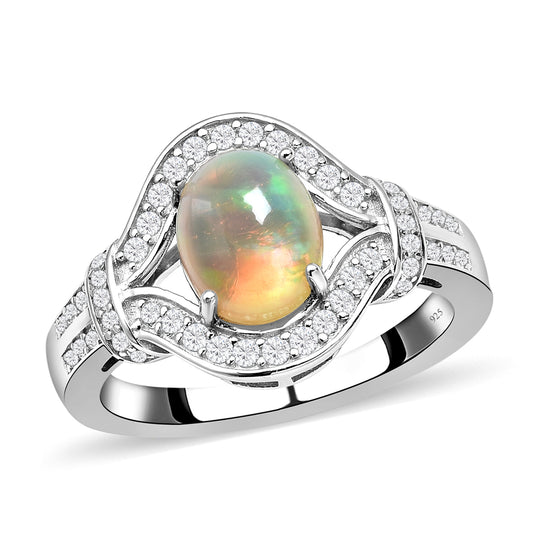 Natürlicher, äthiopischer Opal und weißer Zirkon-Ring, 925 Silber rhodiniert ca. 1.69 ct