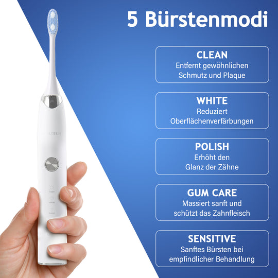BEAUTECH Elektronische Schallzahnbürste mit 2 Bürstenköpfen, Wasserdicht IPX7, USB-Kabel, 5 Modi