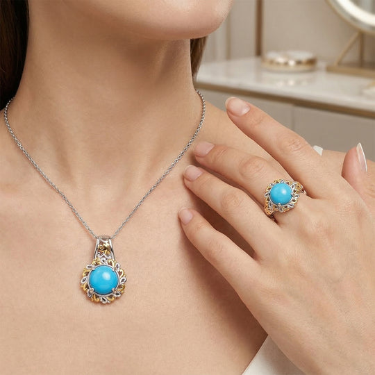 D'Joy AA Sleeping Beauty Türkis zweifarbiger Ring und Anhänger mit 50cm Kette