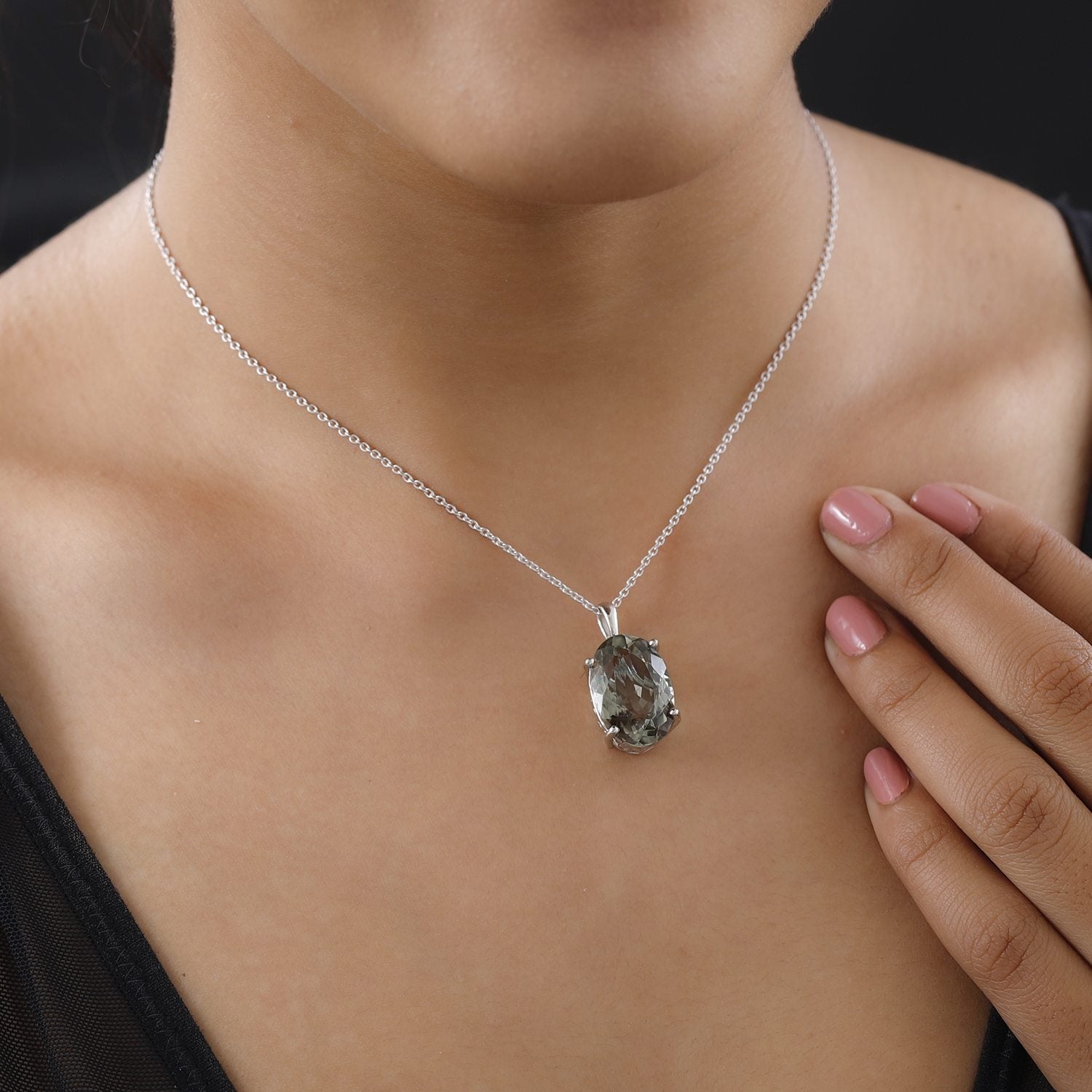 Prasiolith Anhänger mit Kette, 925 Silber platiniert ca. 15,00 ct
