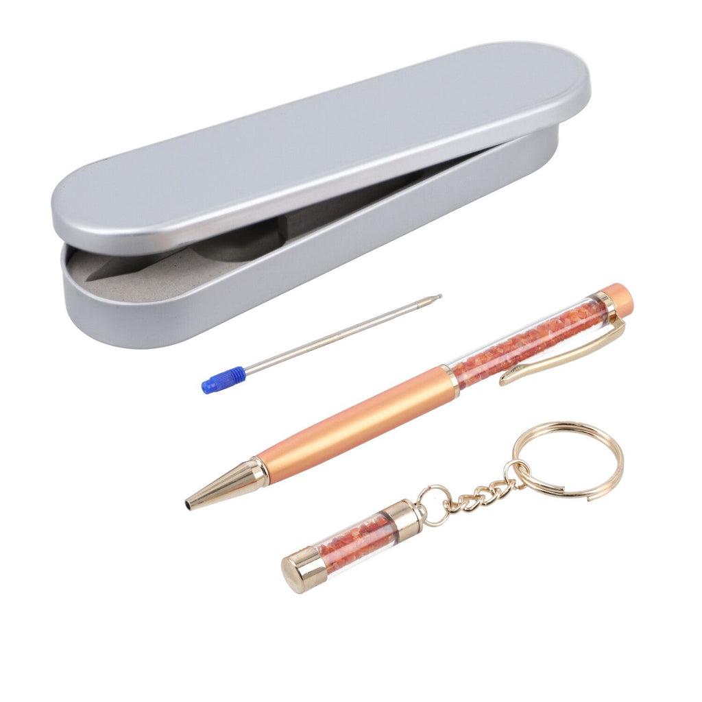 3er Set - Notizbuch mit Einband aus 100% echtem Leder, Kugelschreiber und Schlüsselanhänger gefüllt mit echtem Feueropal