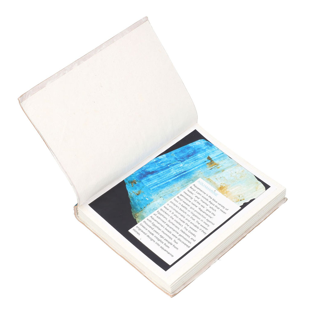 3er Set - Notizbuch mit Einband aus 100% echtem Leder, Kugelschreiber und Schlüsselanhänger gefüllt mit echtem Aquamarin