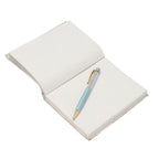 3er Set - Notizbuch mit Einband aus 100% echtem Leder, Kugelschreiber und Schlüsselanhänger gefüllt mit echtem Aquamarin