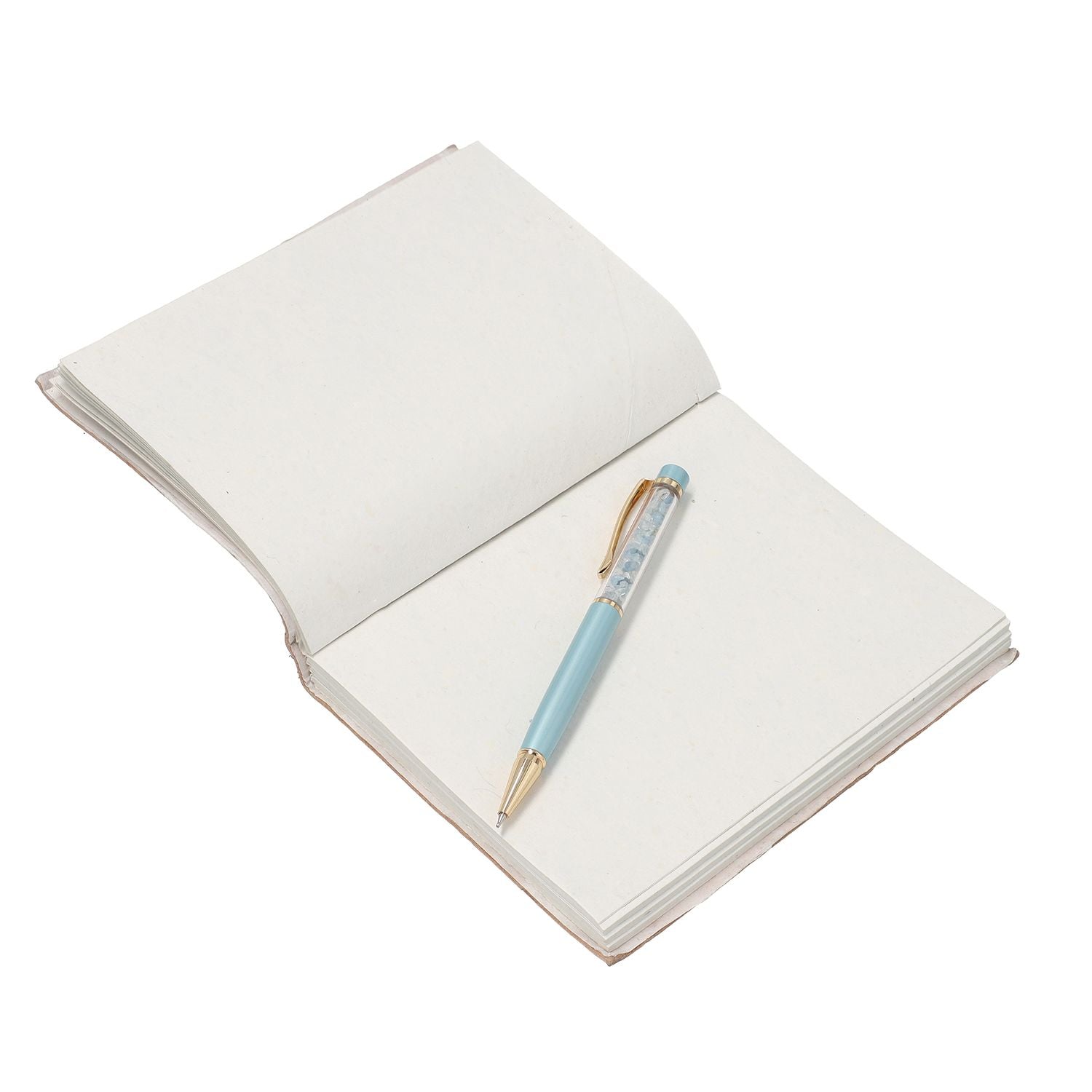 3er Set - Notizbuch mit Einband aus 100% echtem Leder, Kugelschreiber und Schlüsselanhänger gefüllt mit echtem Aquamarin