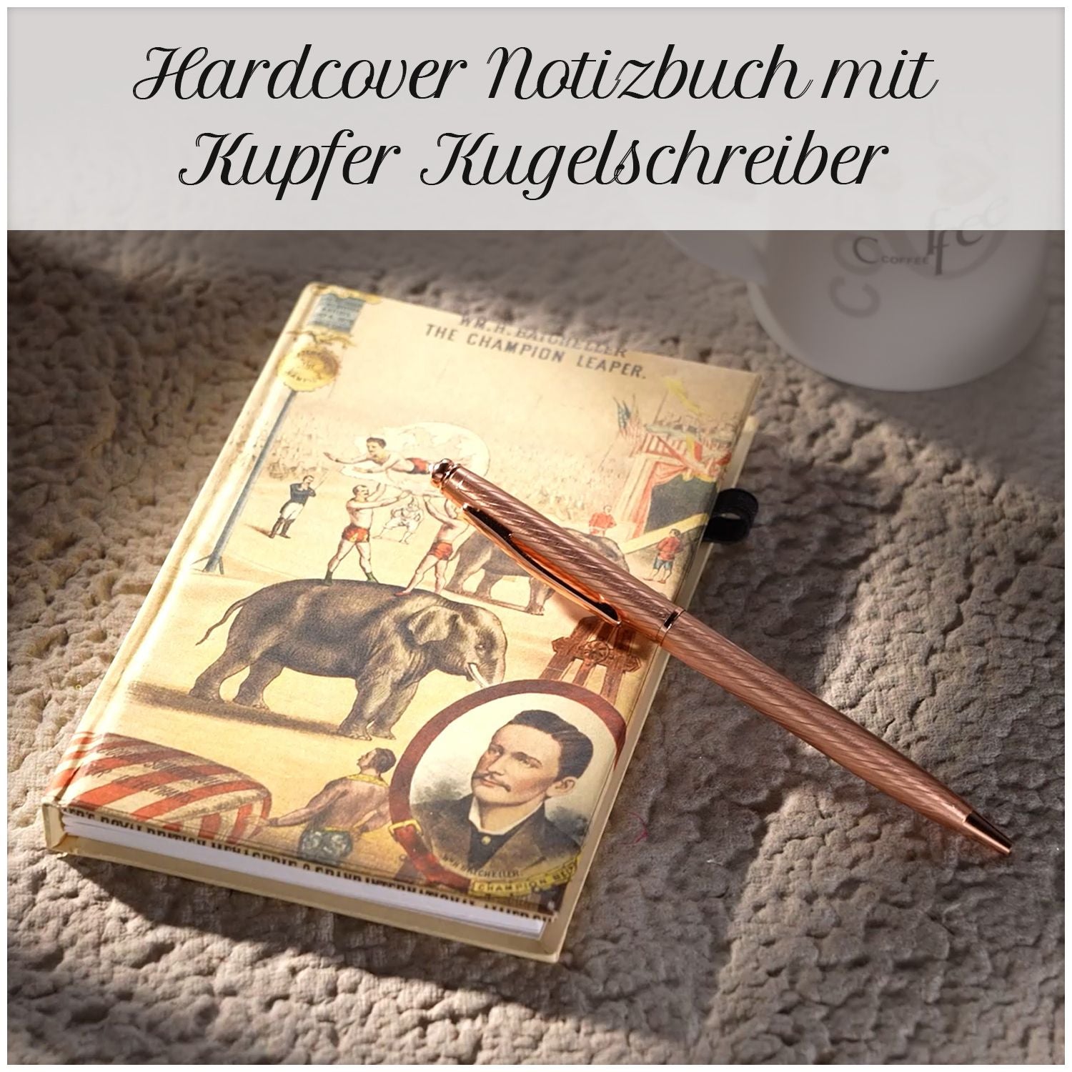 Hardcover Notizbuch mit Kupfer Kugelschreiber, Elefant-Muster, beige