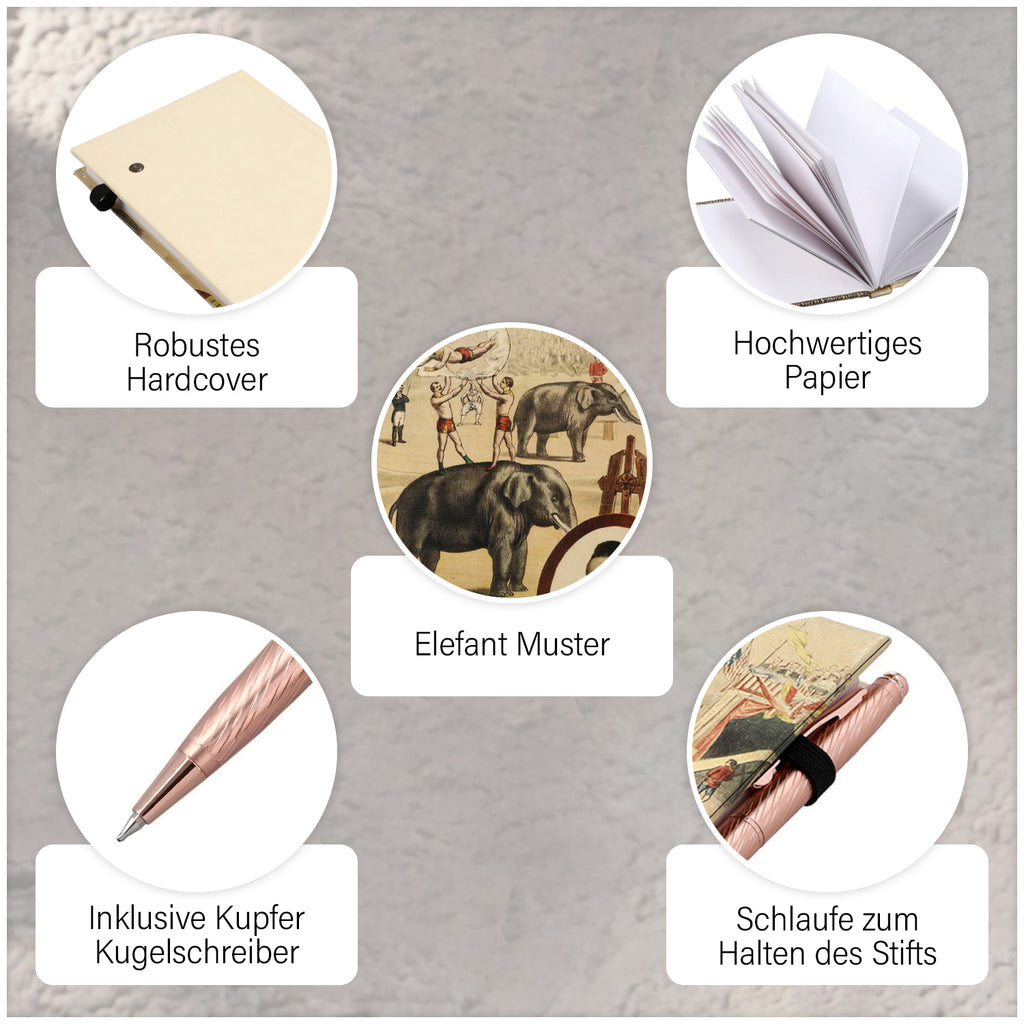 Hardcover Notizbuch mit Kupfer Kugelschreiber, Elefant-Muster, beige