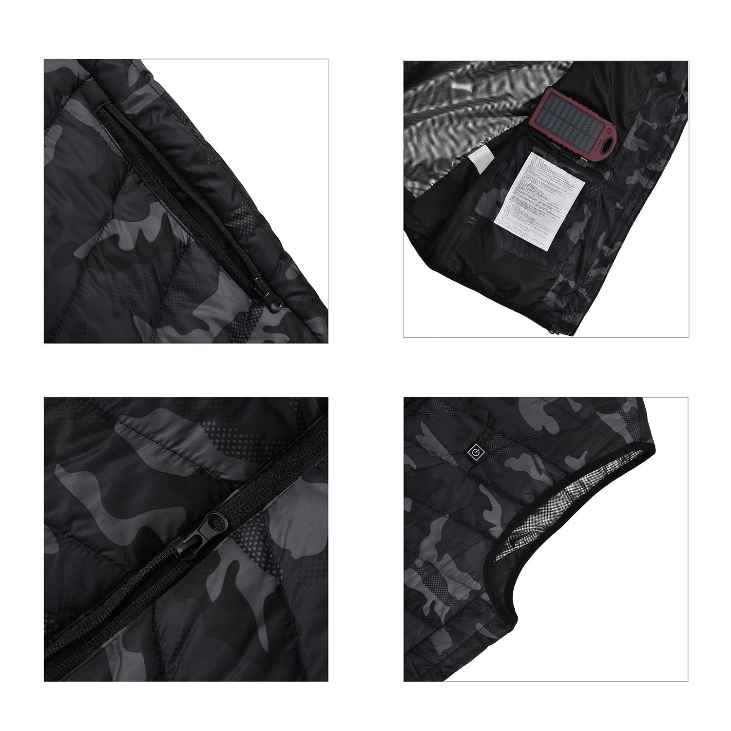 Beheizbare Weste mit 4 Heizzonen, inkl 5000Mah Solar Powerbank, Camouflage