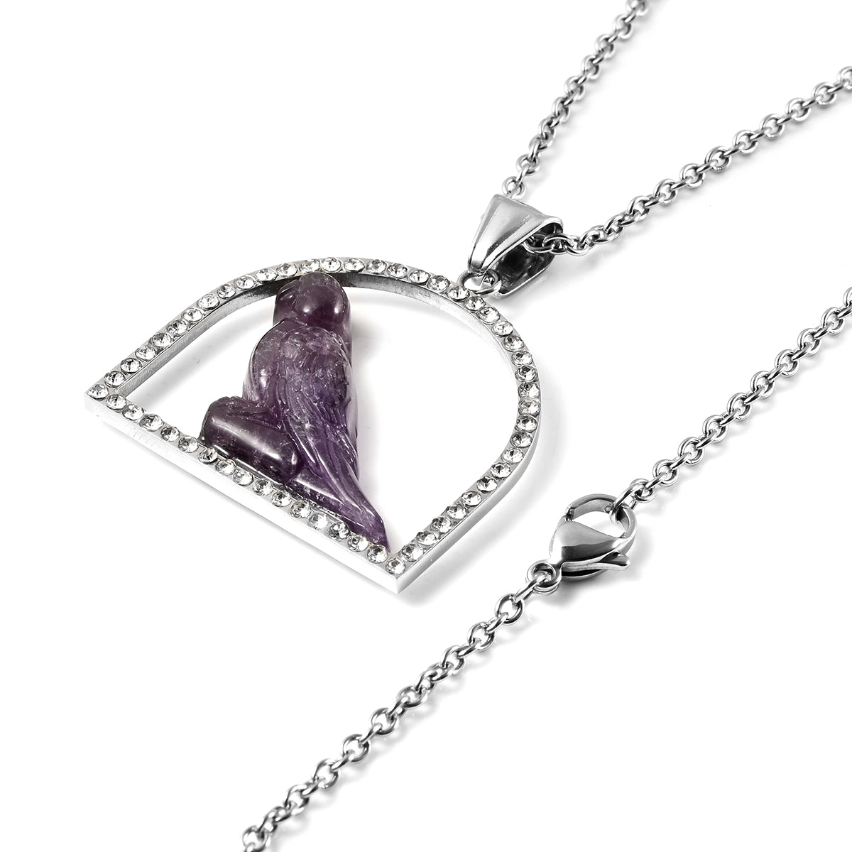 Afrikanischer Amethyst und Kristall Spatz-Anhänger mit Kette, 50 cm in Edelstahl ca. 17,10 ct