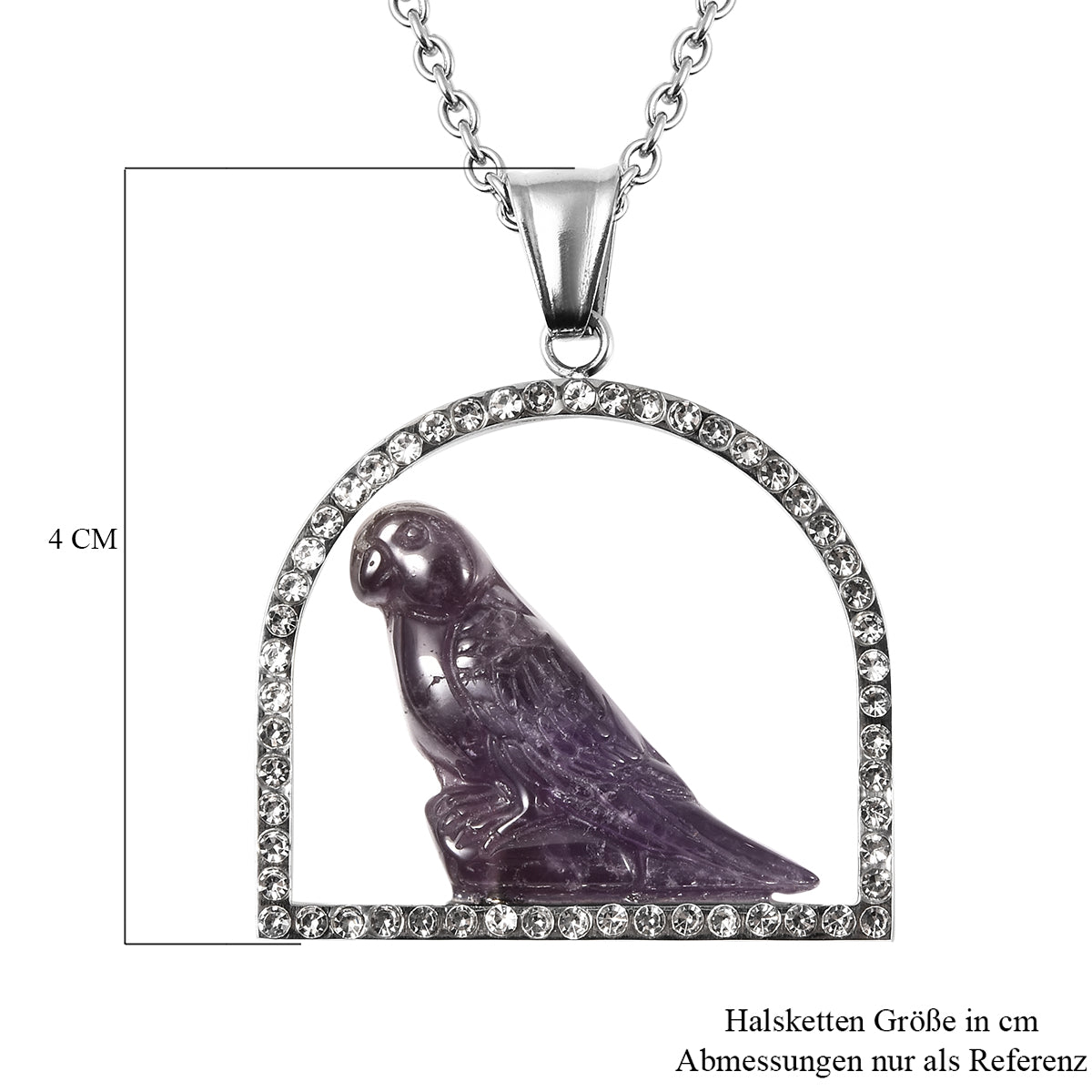 Afrikanischer Amethyst und Kristall Spatz-Anhänger mit Kette, 50 cm in Edelstahl ca. 17,10 ct
