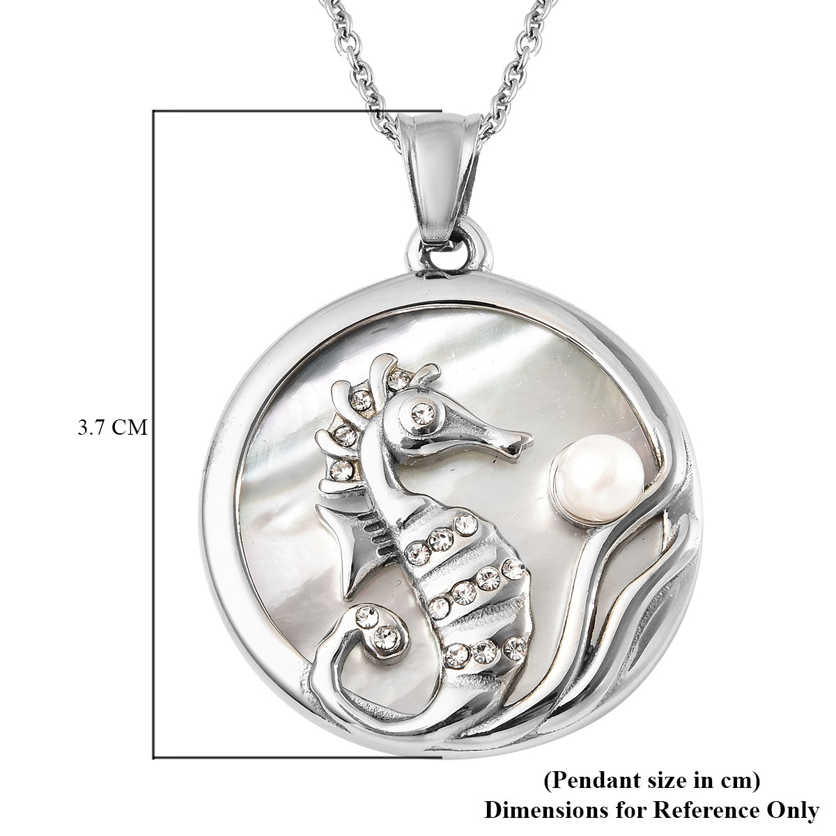 Weiße Muschelkernperle, Perlmutt und Weißer Kristall Seepferdchen-Anhänger mit Kette ca. 50 cm Edelstahl