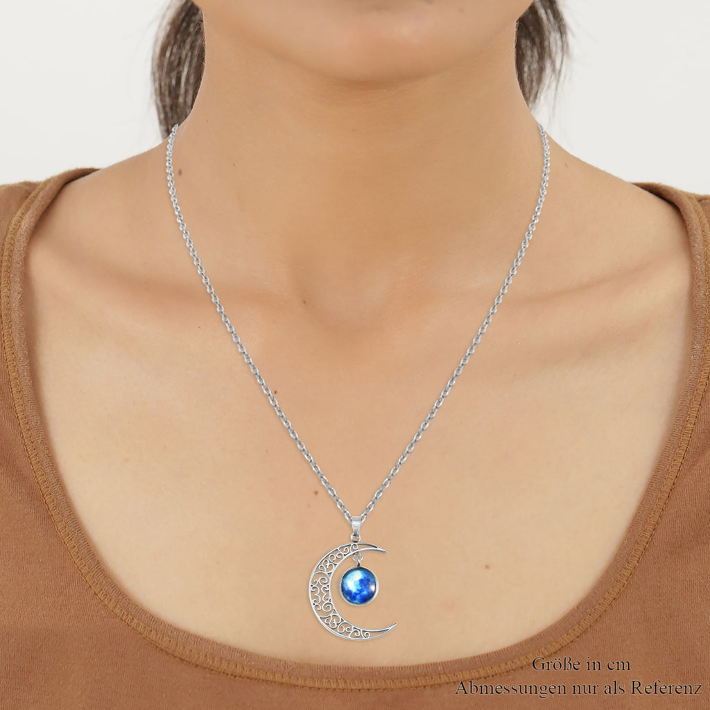 Fluoreszierender Mond-Anhänger mit Kette, ca. 50 cm in Edelstahl, blau