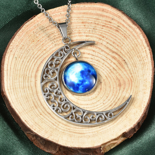 Fluoreszierender Mond-Anhänger mit Kette, ca. 50 cm in Edelstahl, blau
