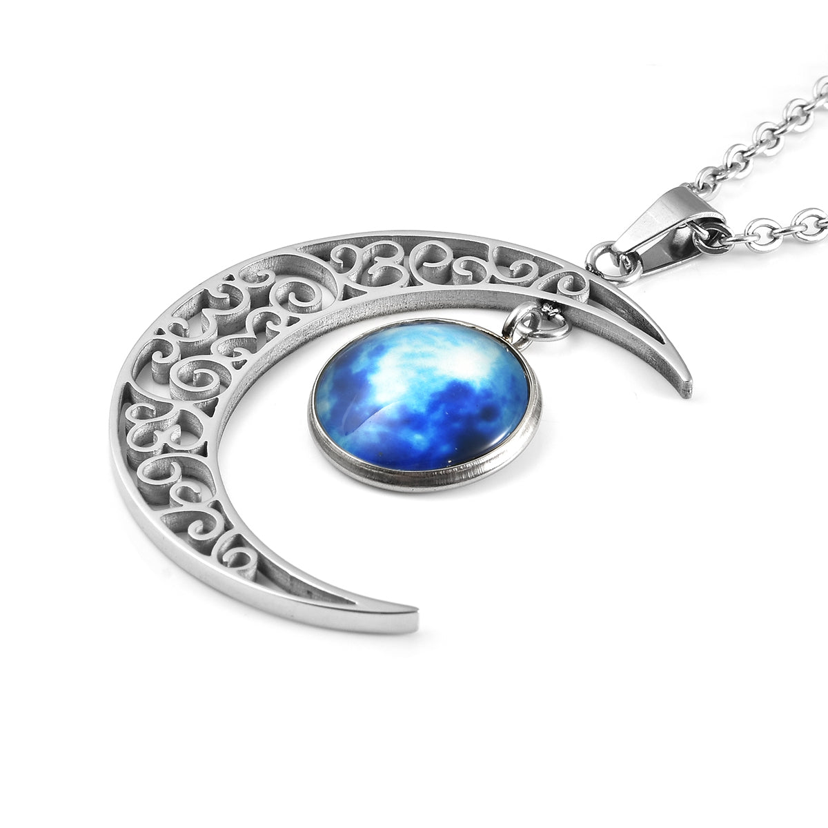 Fluoreszierender Mond-Anhänger mit Kette, ca. 50 cm in Edelstahl, blau