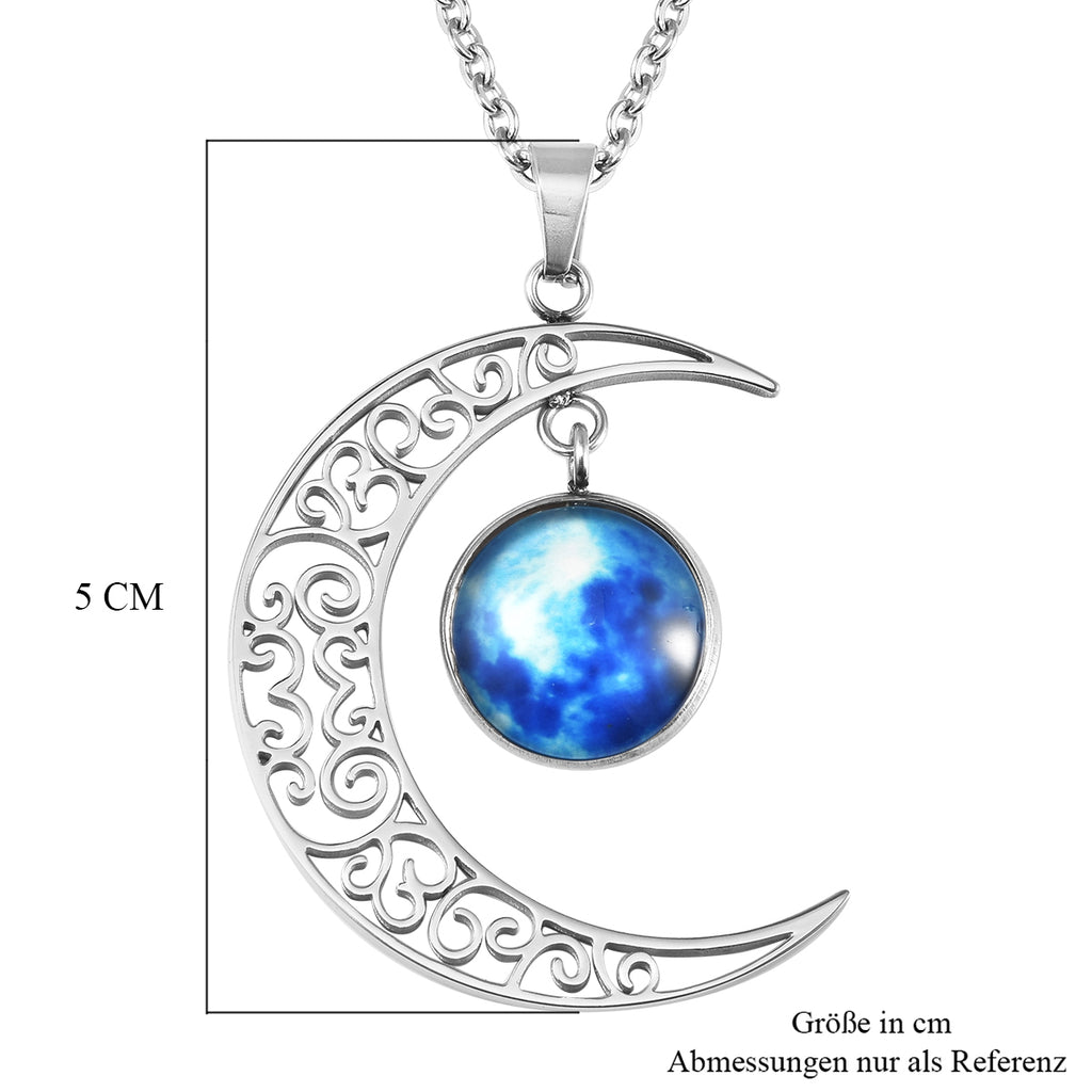 Fluoreszierender Mond-Anhänger mit Kette, ca. 50 cm in Edelstahl, blau