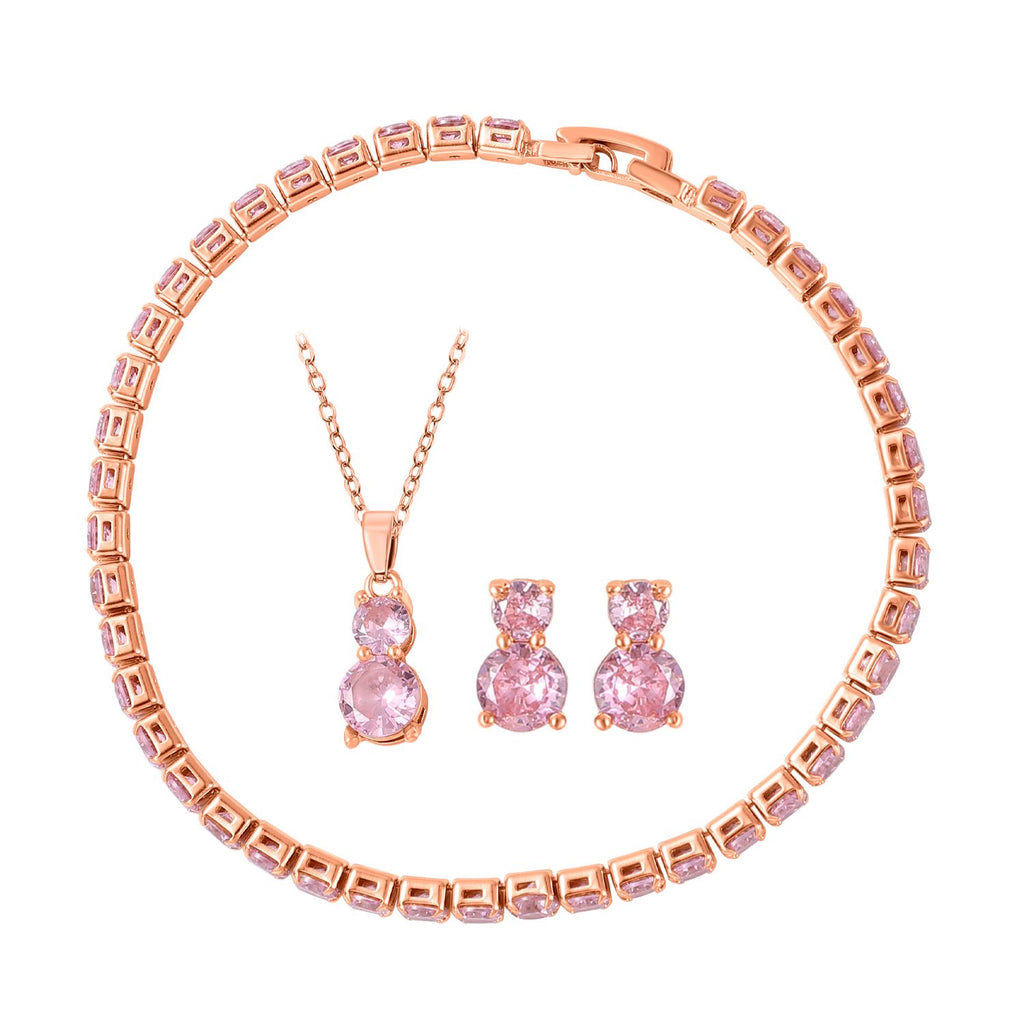 4er Set, Rosa Zirkonia Armband, Anhänger mit Kette und Ohrringen, Messing ca. 17,60 ct