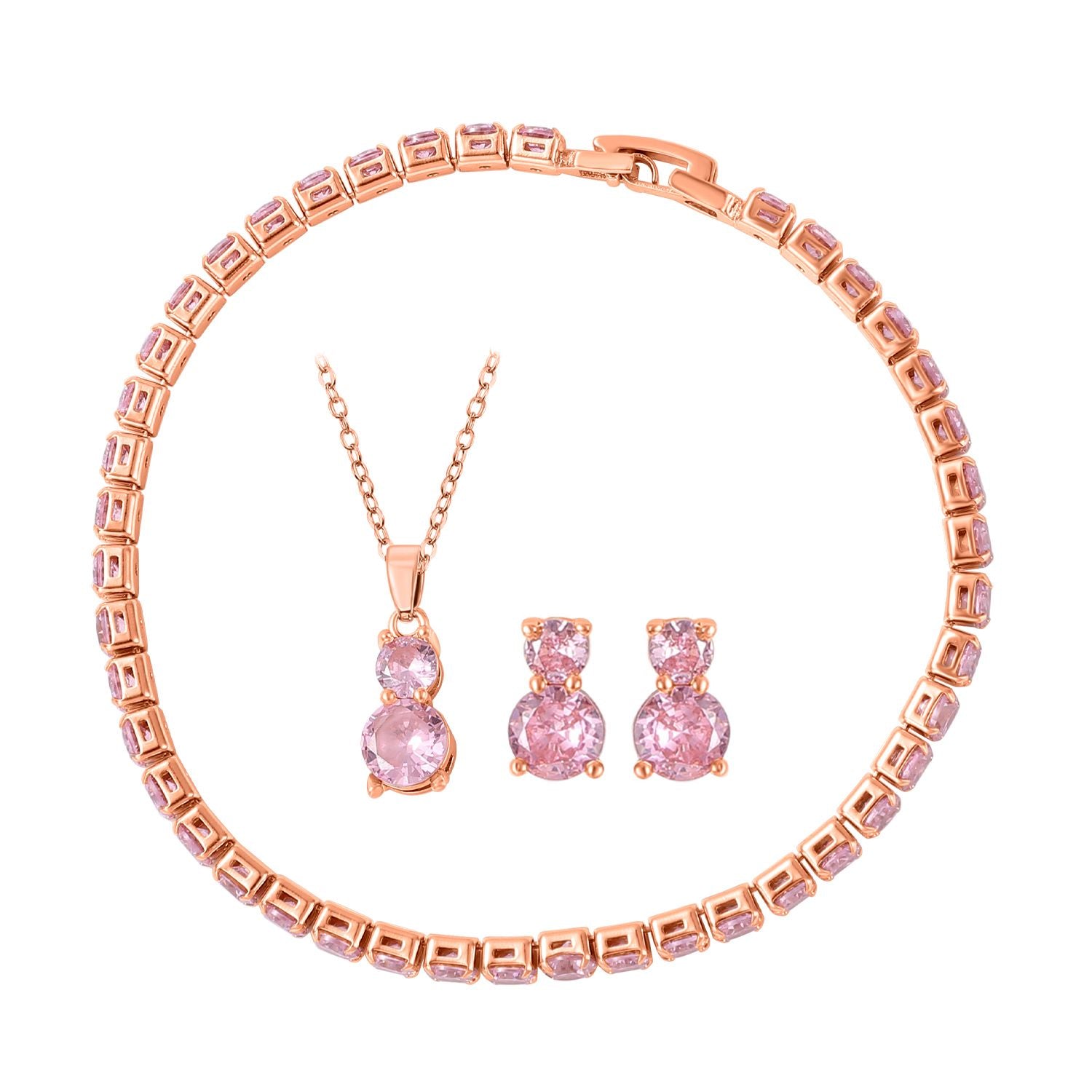 4er Set, Rosa Zirkonia Armband, Anhänger mit Kette und Ohrringen, Messing ca. 17,60 ct