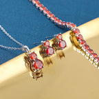 4er Set, Granat Zirkonia Armband, Anhänger mit Kette und Ohrringen, Messing ca. 17,60 ct