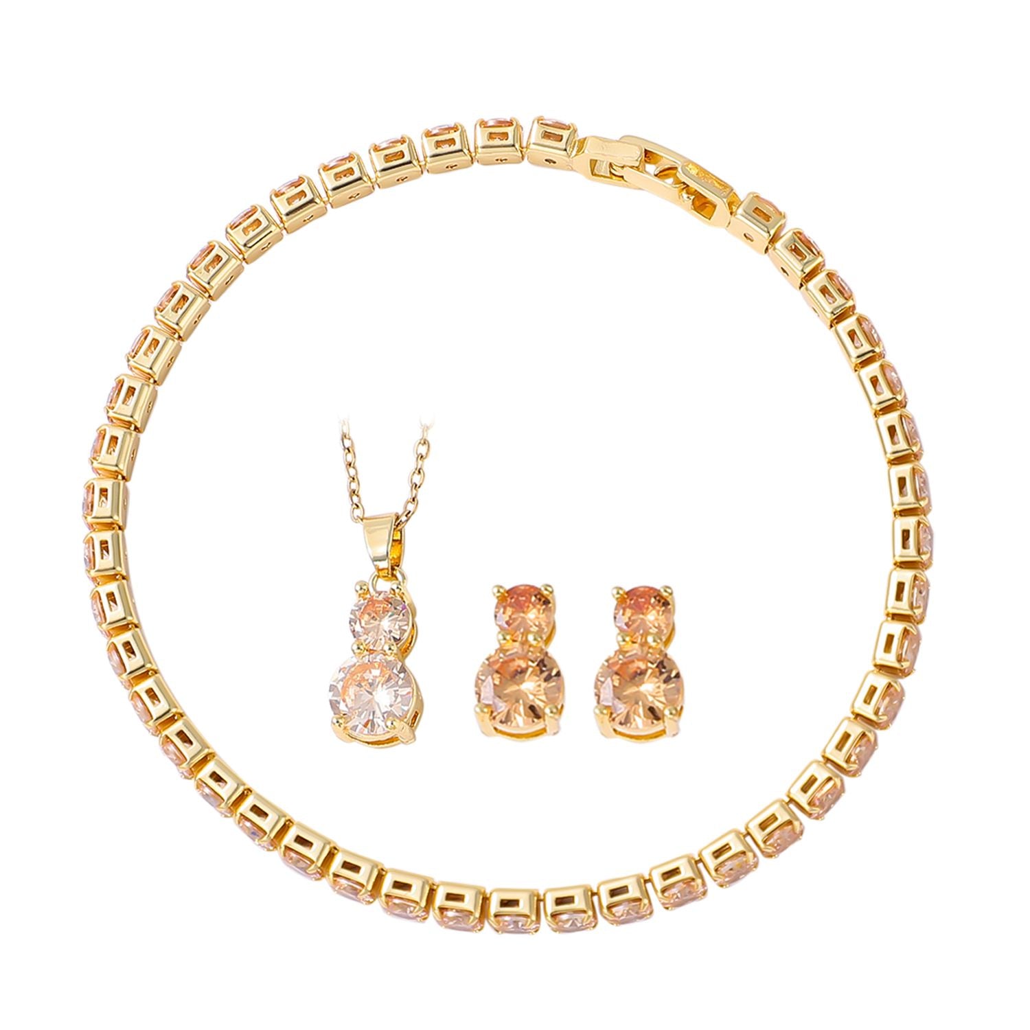 4er Set, Champagner Zirkonia Armband, Anhänger mit Kette und Ohrringen, Messing ca. 17.60 ct