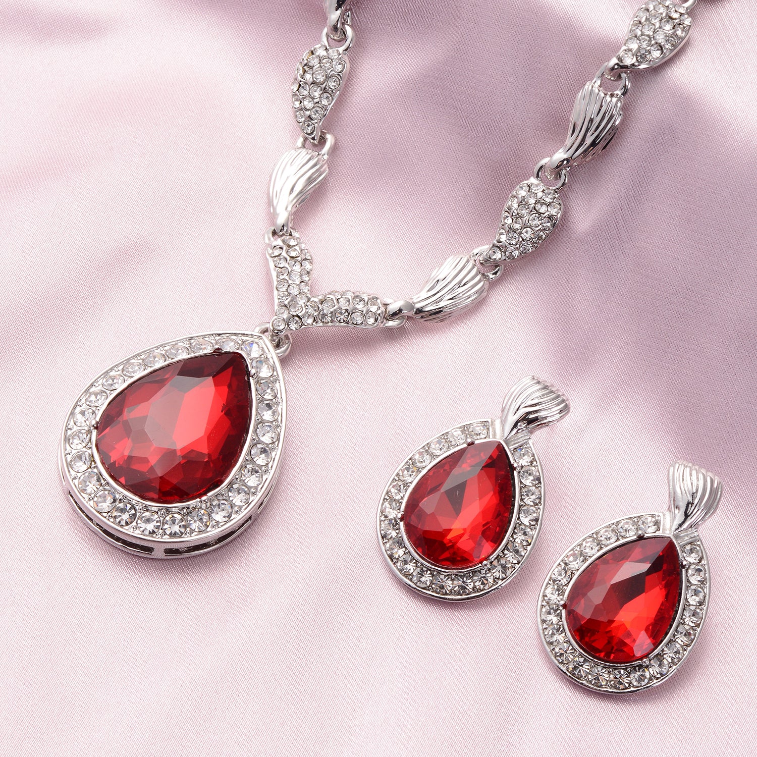Designer Glaskristall-Halskette und Ohrringe, rot, ca. 56,03 ct