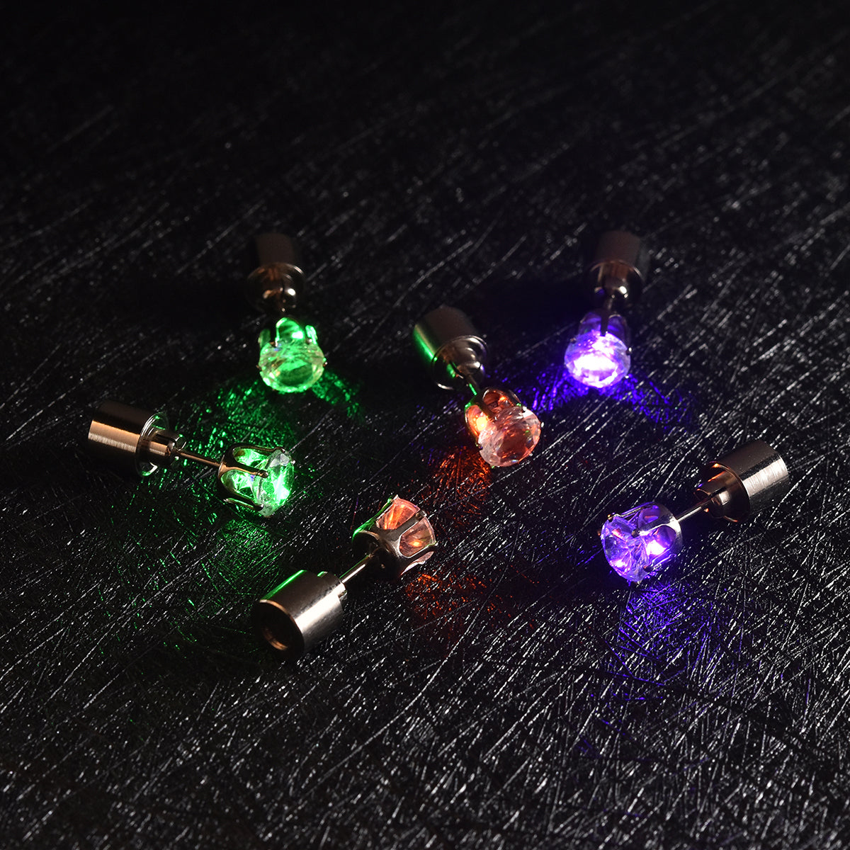 3er- Set Kristall LED-Lichter (Grün, Violett und Orange) Ohrstecker Messing